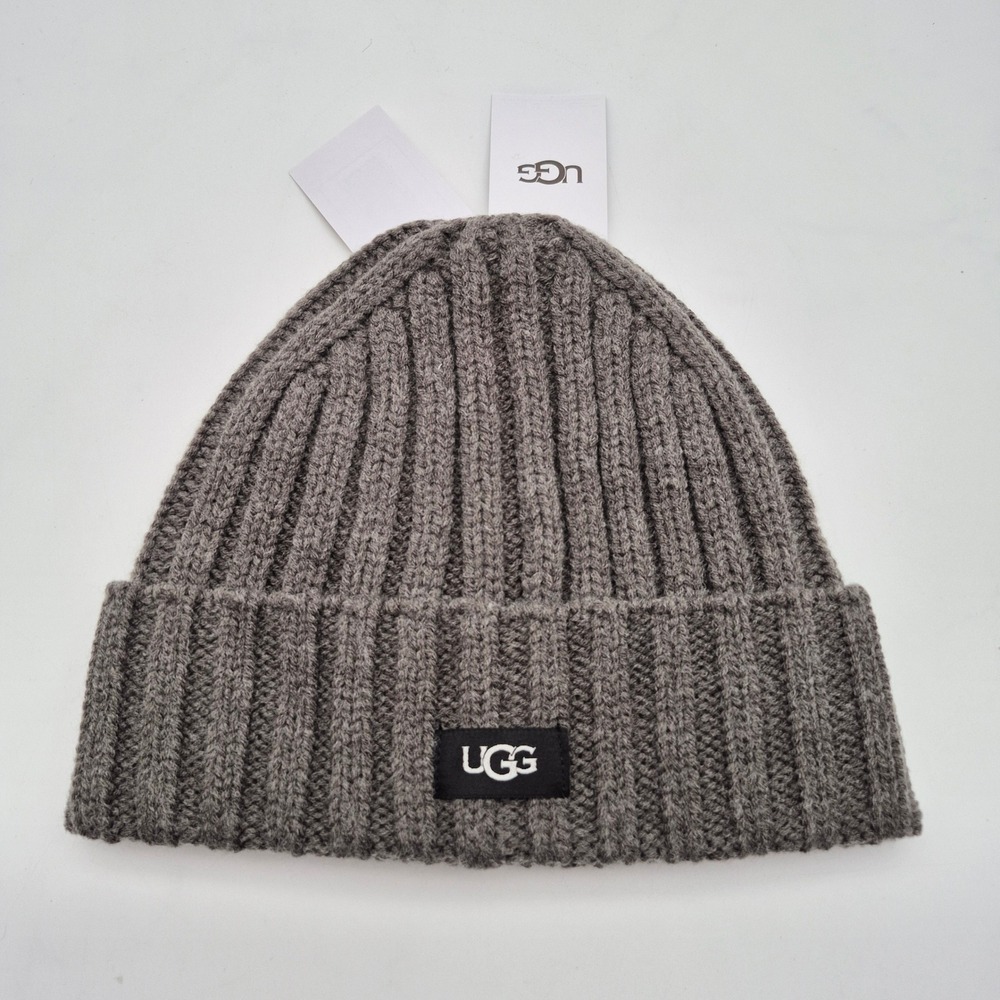 UGG Logo Solid Rib Knit Beanie Hat One Size Charcoal